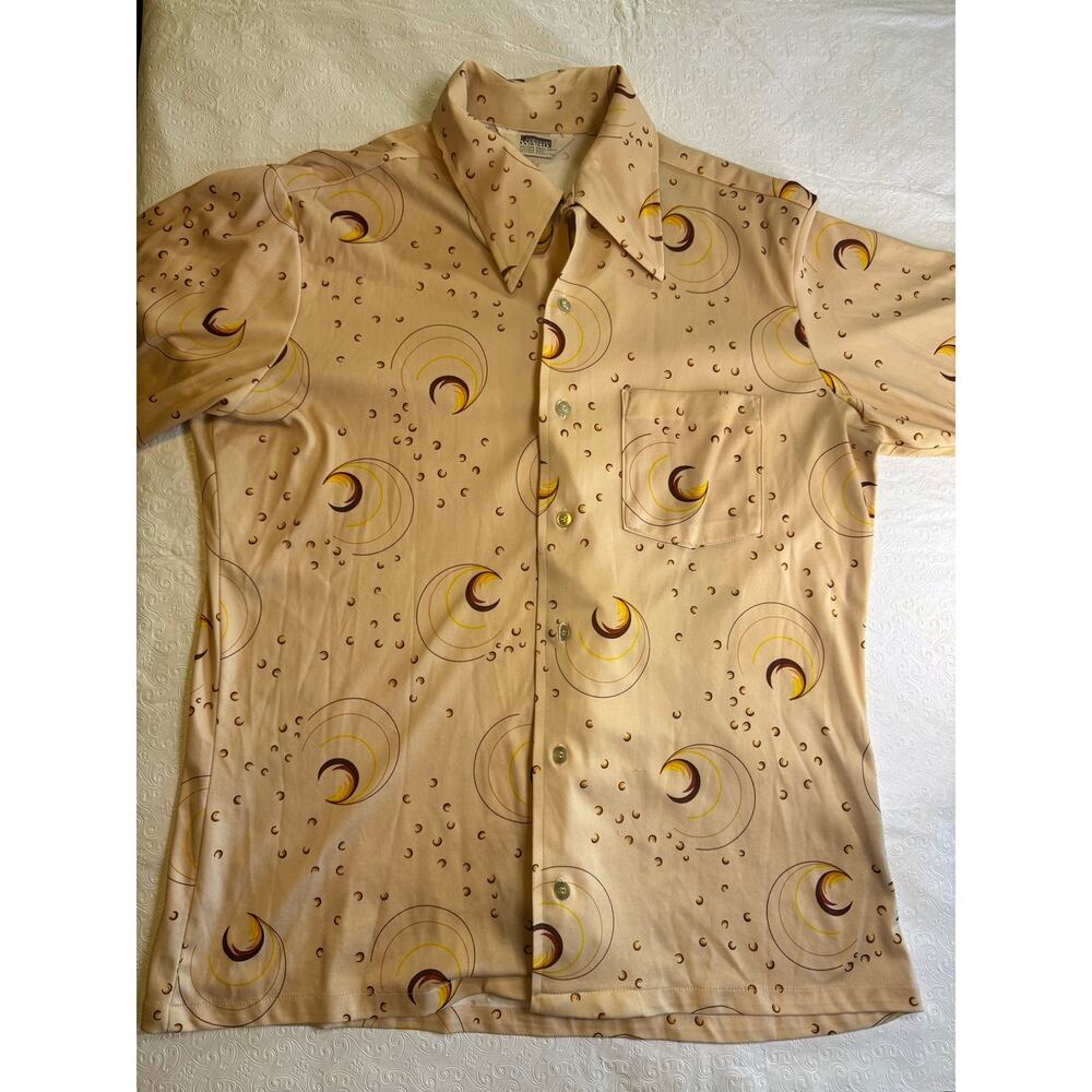 Vintage 70s Montgomery Ward Atomic Swirl Disco Shirt Mens L XL Beige Polyester